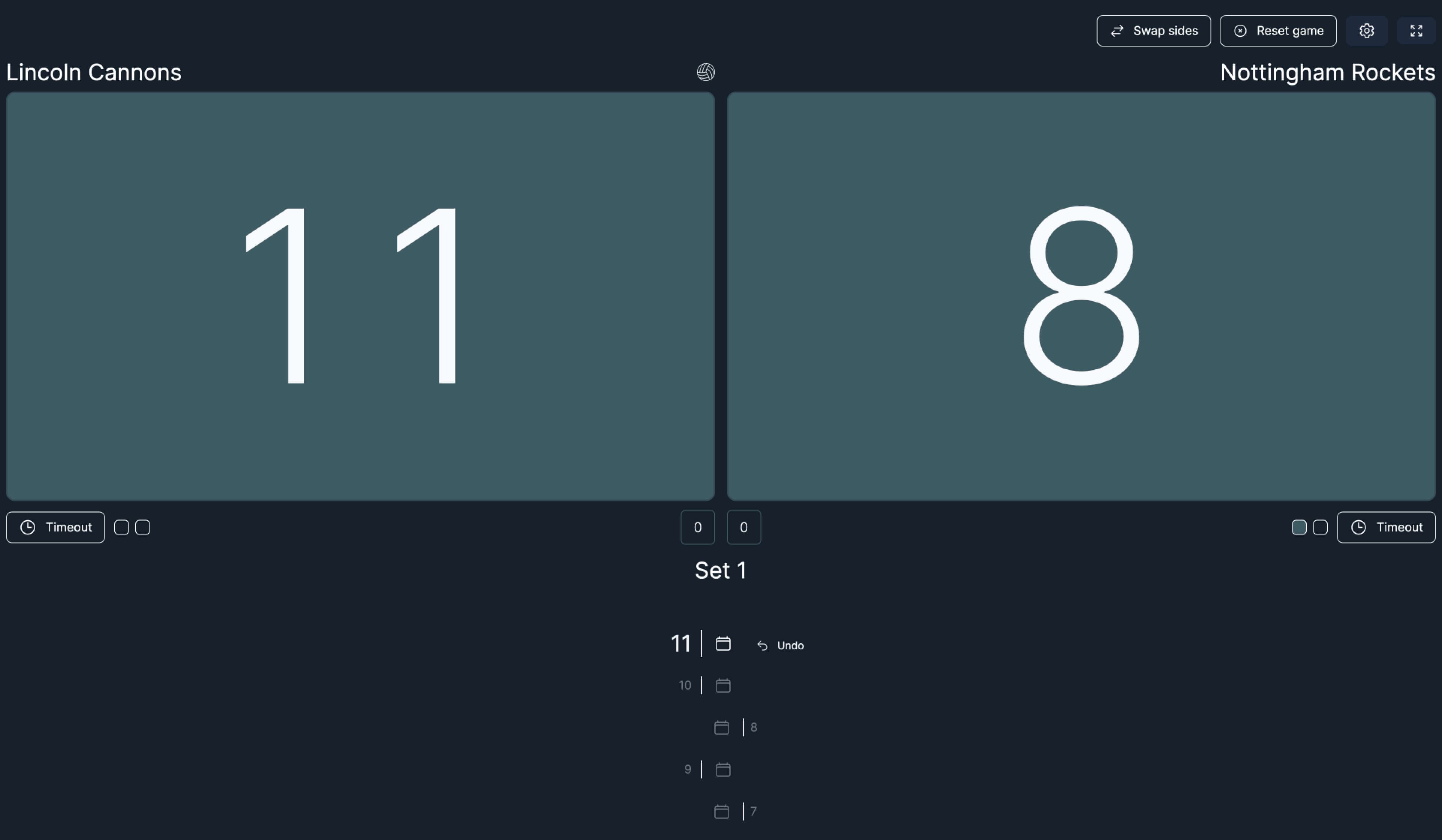 screenshot of volleyscore web app