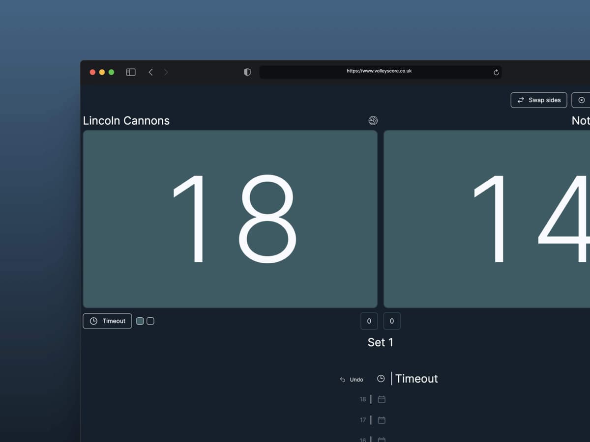 Volleyscore volleyball scoreboard app interface showing match score and controls