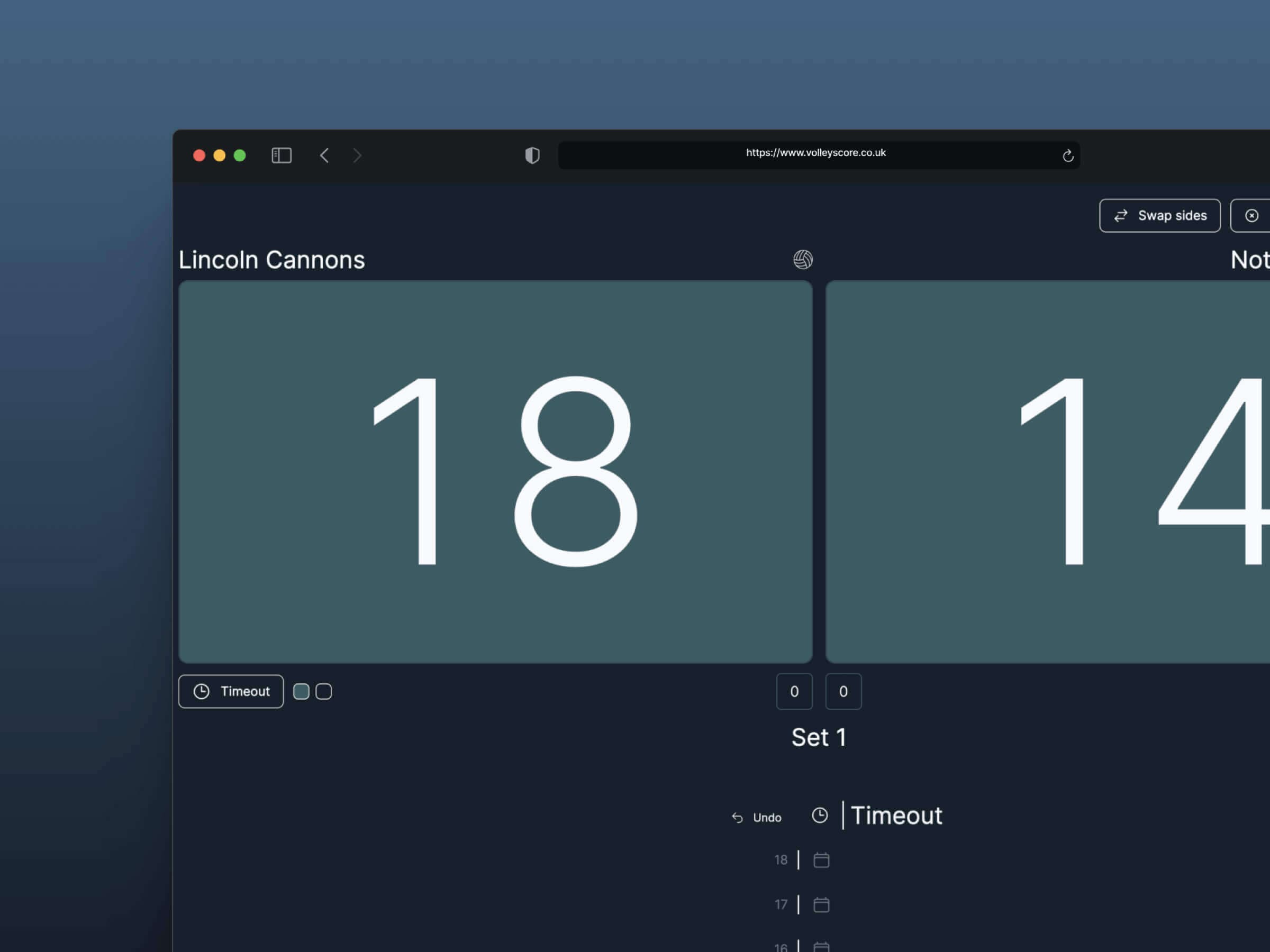 Volleyscore volleyball scoreboard app interface showing match score and controls