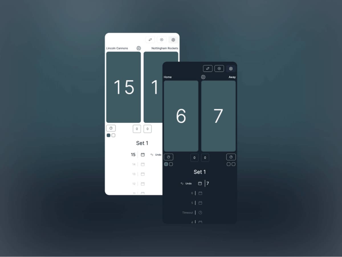 Volleyscore volleyball scoreboard app interface showing match score and controls
