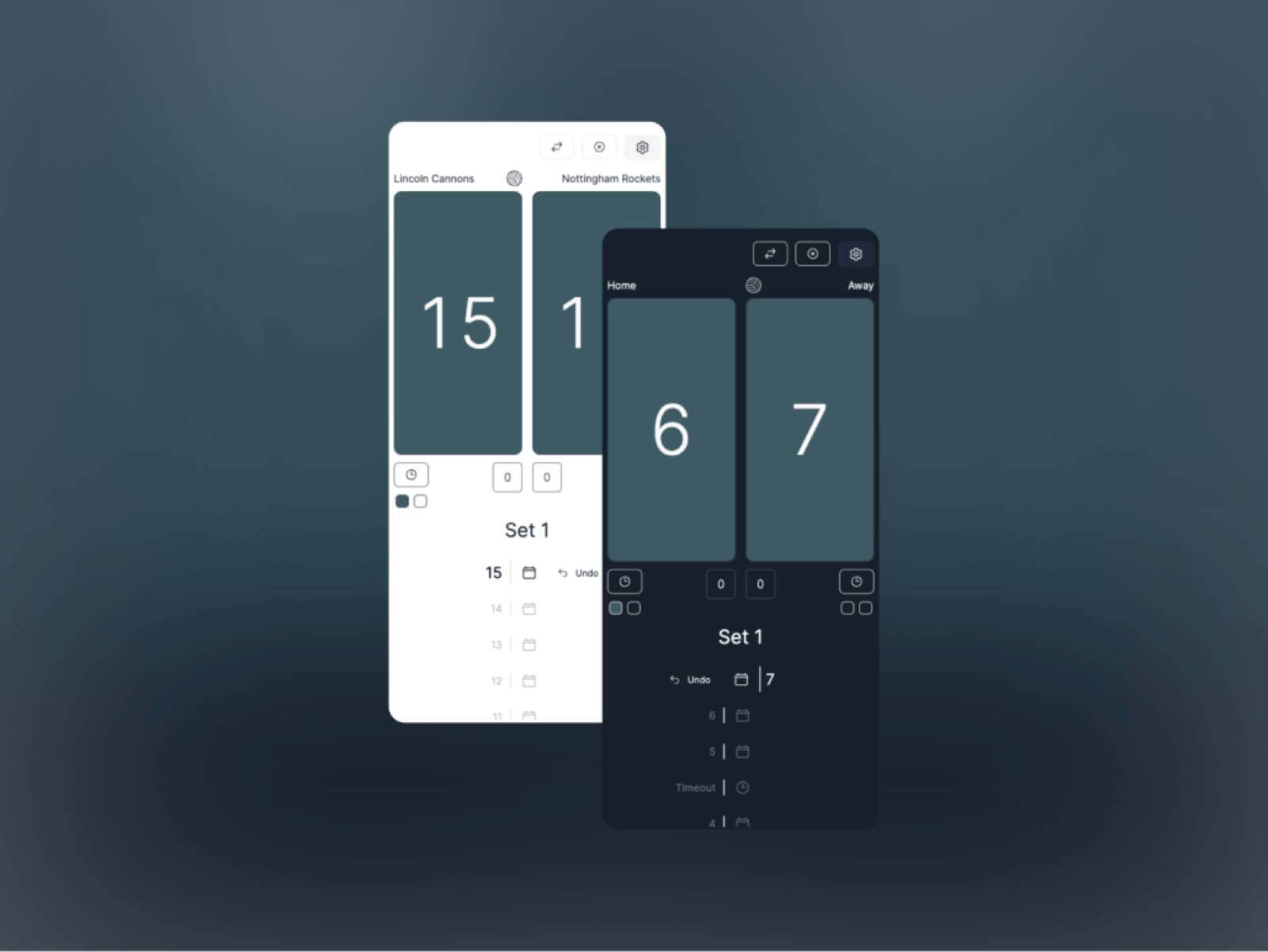 Volleyscore volleyball scoreboard app interface showing match score and controls